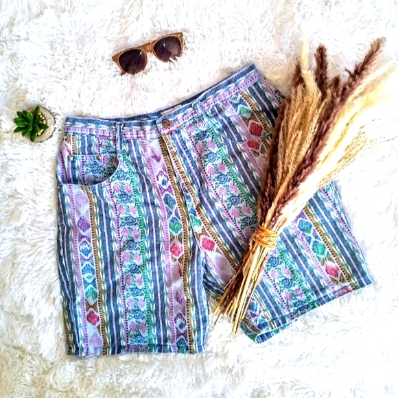 Denim Republic Pants - Vintage 80s Denim Republic Floral Striped High Waisted Shorts